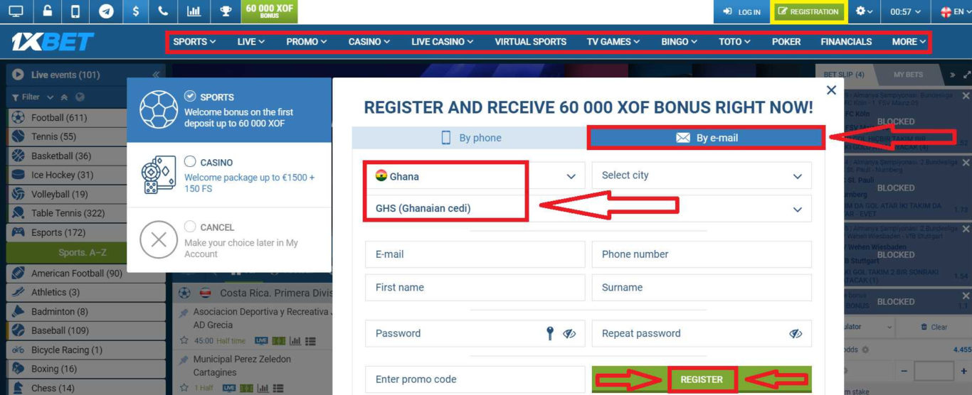 1xBet login online with an email address Ghana